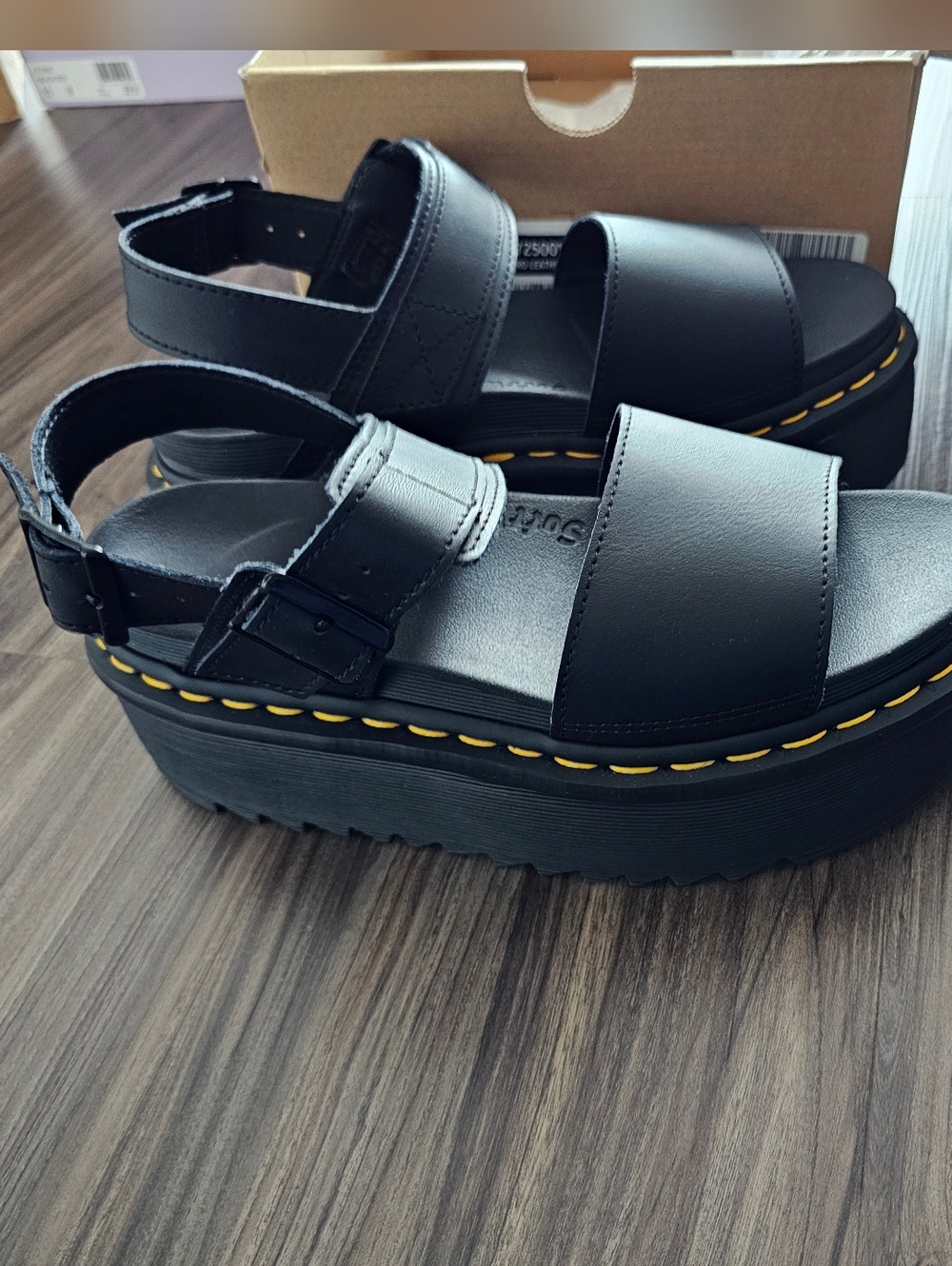Dr. Marten Voss Quad Black Platform Sandals with Yellow Stitching UK5/UK7